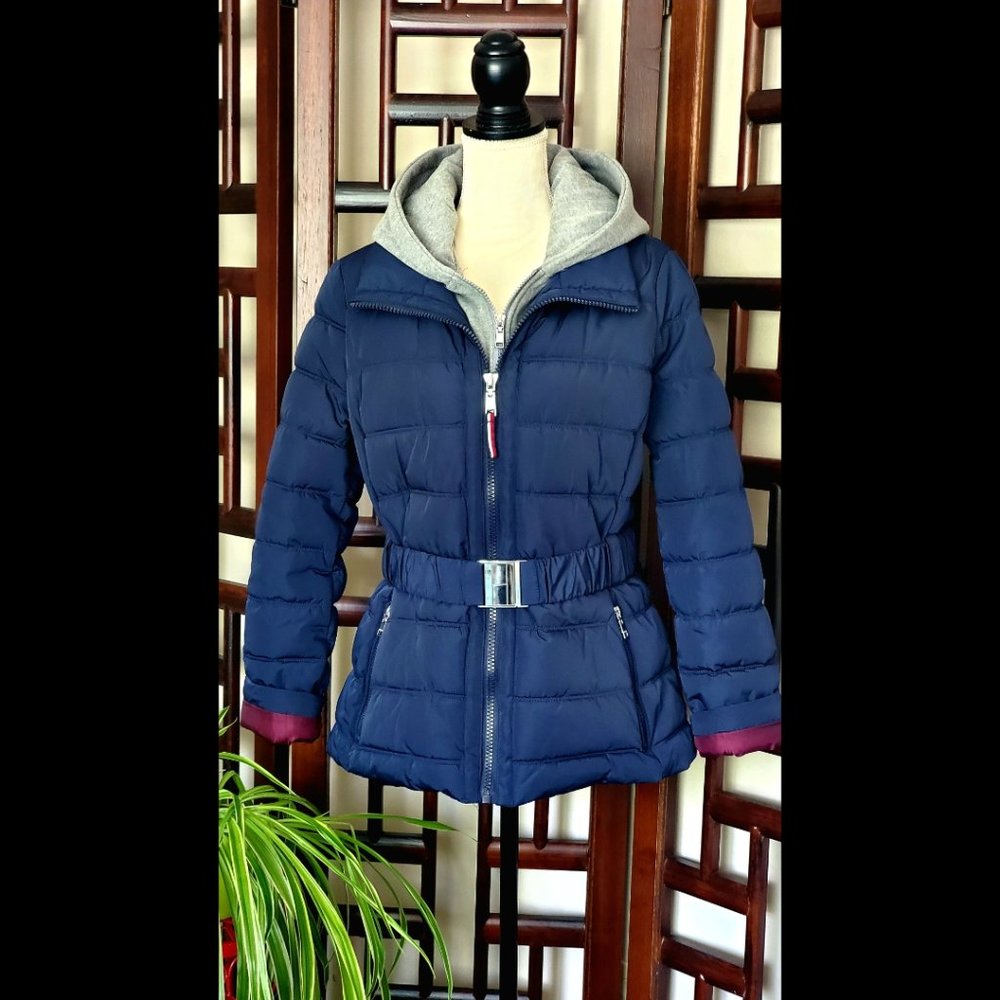 Tommy Hilfiger Women's Belted Knit Hooded Puffer Coat - Navy - Size M